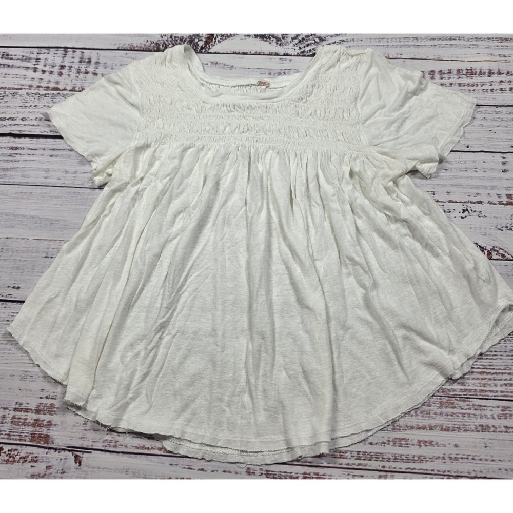 Free People Smocked Babydoll Top Womens XS White Excellent Rayon Linen Boho